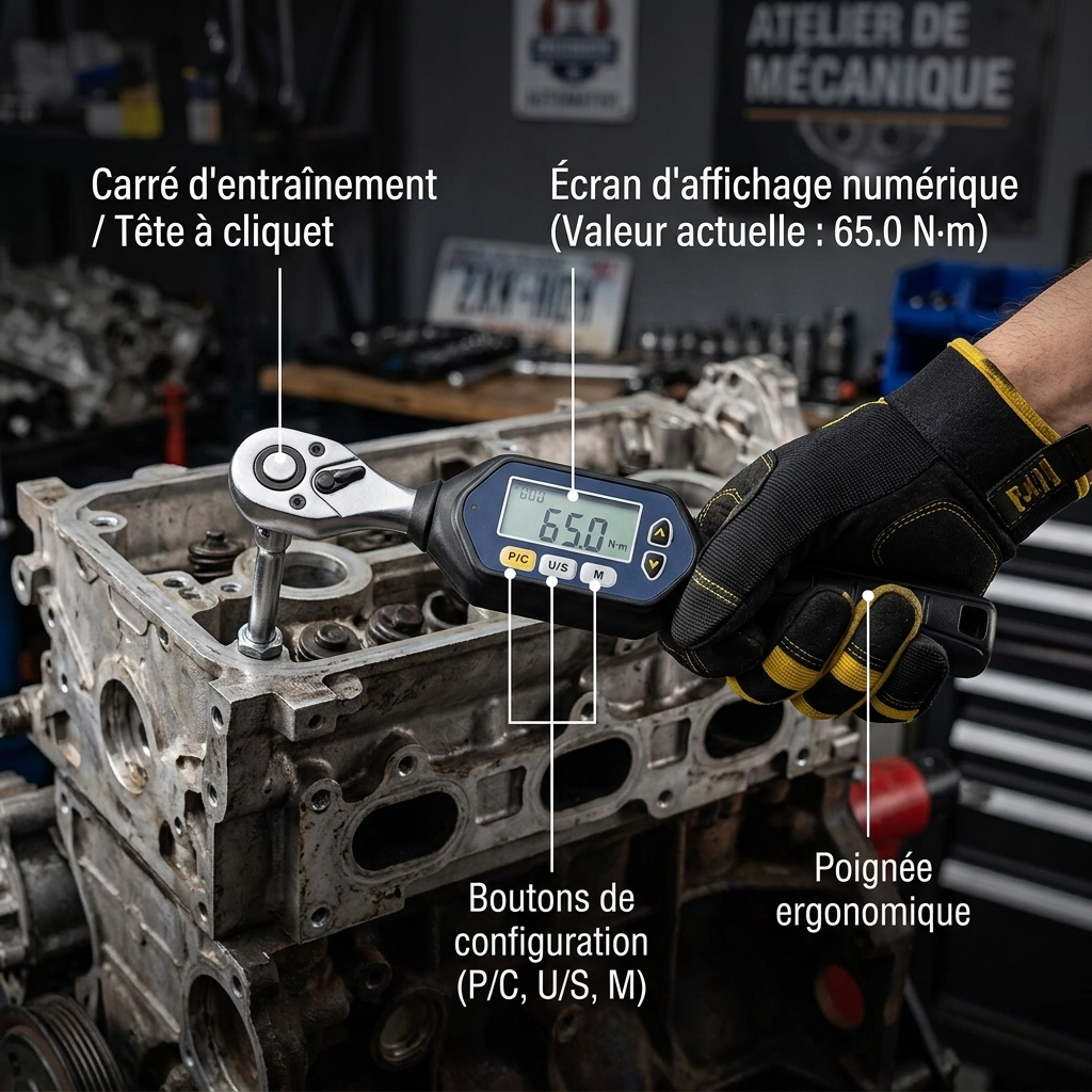 Clé Dynamométrique Digitale 3/8" Spécial Moteur & Moto — serrage de culasse (65.0 N·m)