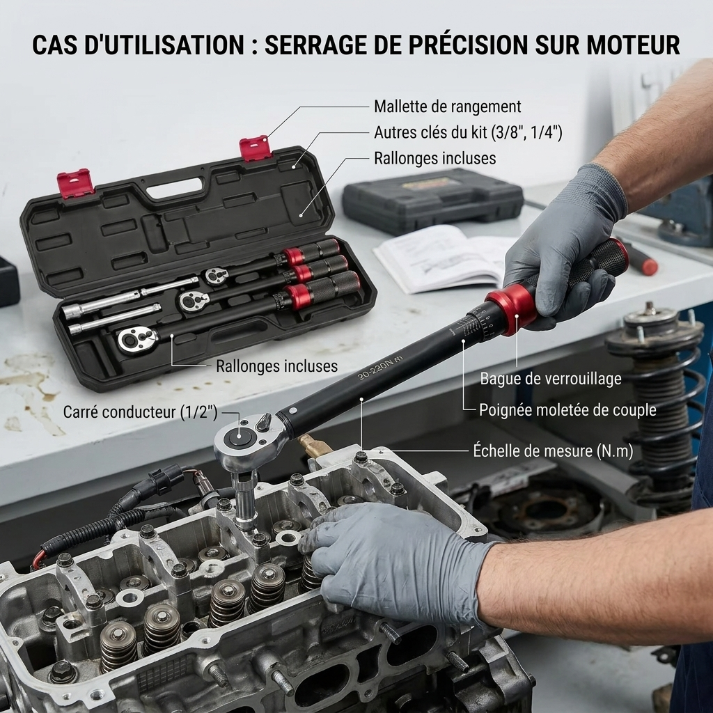 Clé Dynamométrique Coffret Kit Atelier Complet — serrage de culasse (220 N.m)