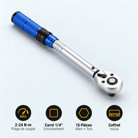 Clé Dynamométrique 1/4" Kit Spécial Vélo & Carbone — 2-24 N·m, carré 1/4", 15 pièces Allen + Torx, coffret inclus